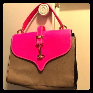Neon pink and tan genuine leather handbag